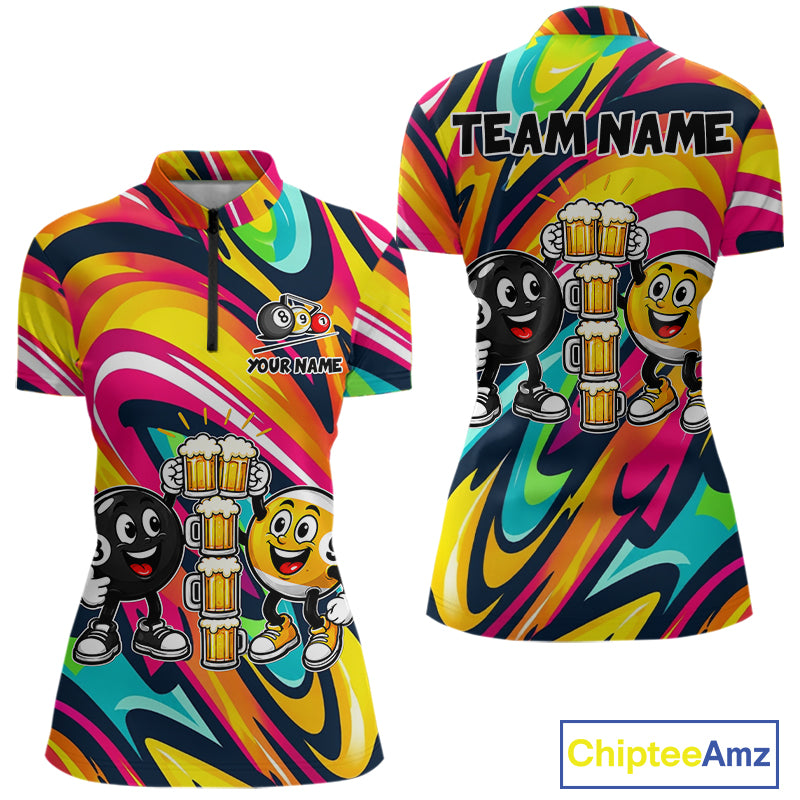 Drunk 8 Ball & 9 Ball Funny Colorful Billiard Shirts For Women Custom Cheer Beer Billiard Team Shirts NYN4305