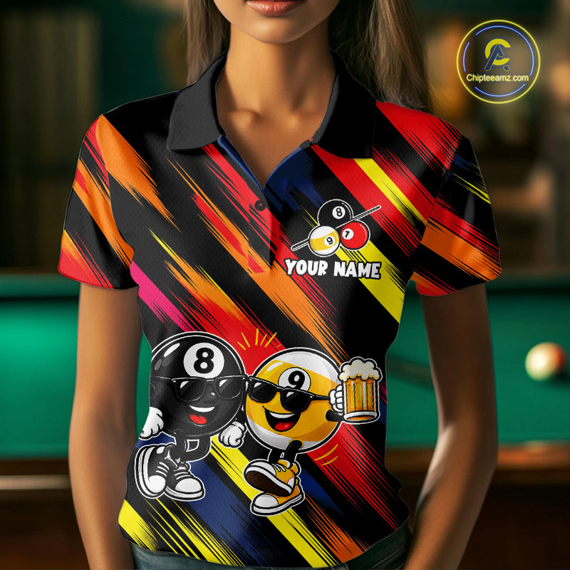 8 Ball & 9 Ball Funny Colorful Strikes Billiard Shirts For Women Custom Cheer Beer Billiard Team Shirts NYN4307