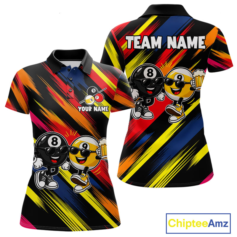 8 Ball & 9 Ball Funny Colorful Strikes Billiard Shirts For Women Custom Cheer Beer Billiard Team Shirts NYN4307
