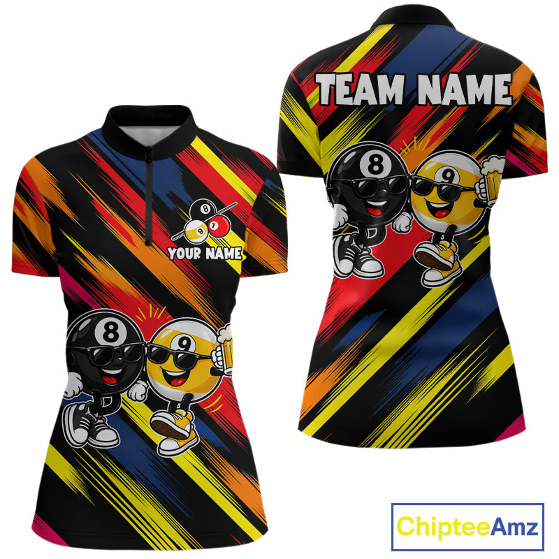 8 Ball & 9 Ball Funny Colorful Strikes Billiard Shirts For Women Custom Cheer Beer Billiard Team Shirts NYN4307