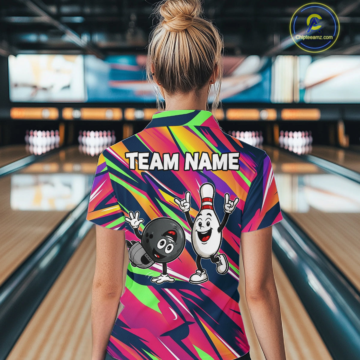 Hiphop Bowling Pins & Ball Strike Colorful Bowling Jersey For Women Custom Funny Bowling Team Shirts NYN4308