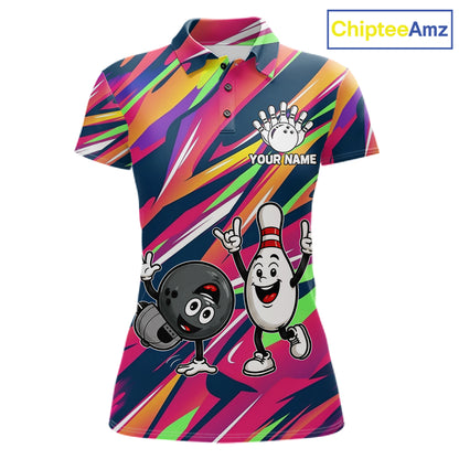 Hiphop Bowling Pins & Ball Strike Colorful Bowling Jersey For Women Custom Funny Bowling Team Shirts NYN4308
