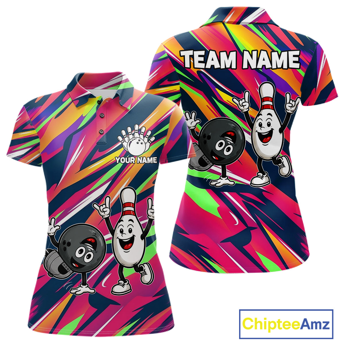 Hiphop Bowling Pins & Ball Strike Colorful Bowling Jersey For Women Custom Funny Bowling Team Shirts NYN4308