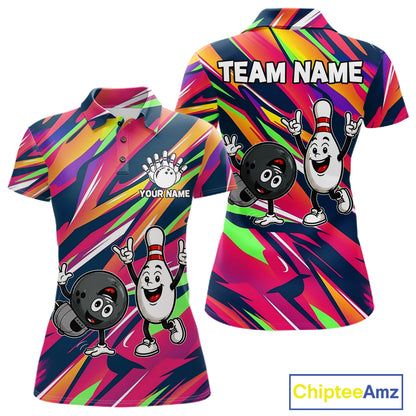 Hiphop Bowling Pins & Ball Strike Colorful Bowling Jersey For Women Custom Funny Bowling Team Shirts NYN4308