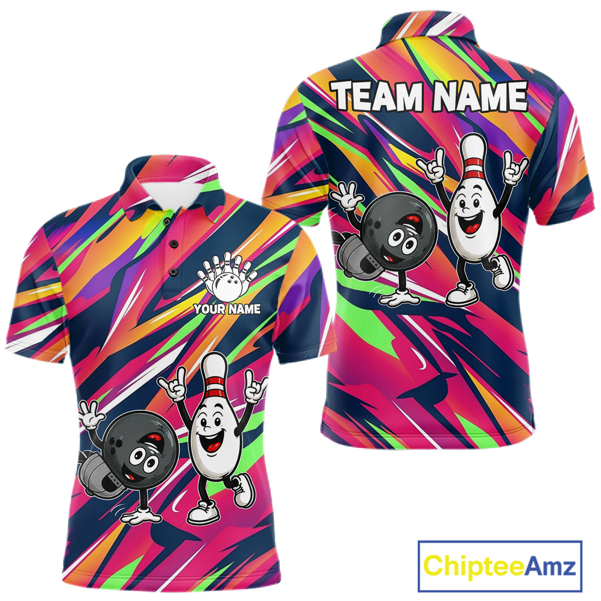 Hiphop Bowling Pins & Ball Strike Colorful Bowling Jersey For Men Custom Funny Bowling Team Shirts NYN4308