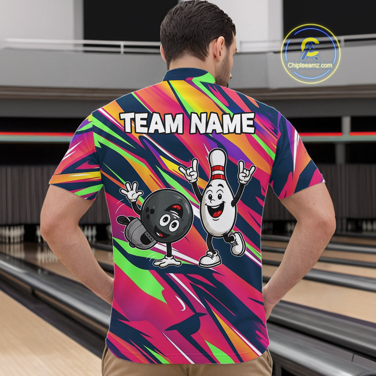 Hiphop Bowling Pins & Ball Strike Colorful Bowling Jersey For Men Custom Funny Bowling Team Shirts NYN4308