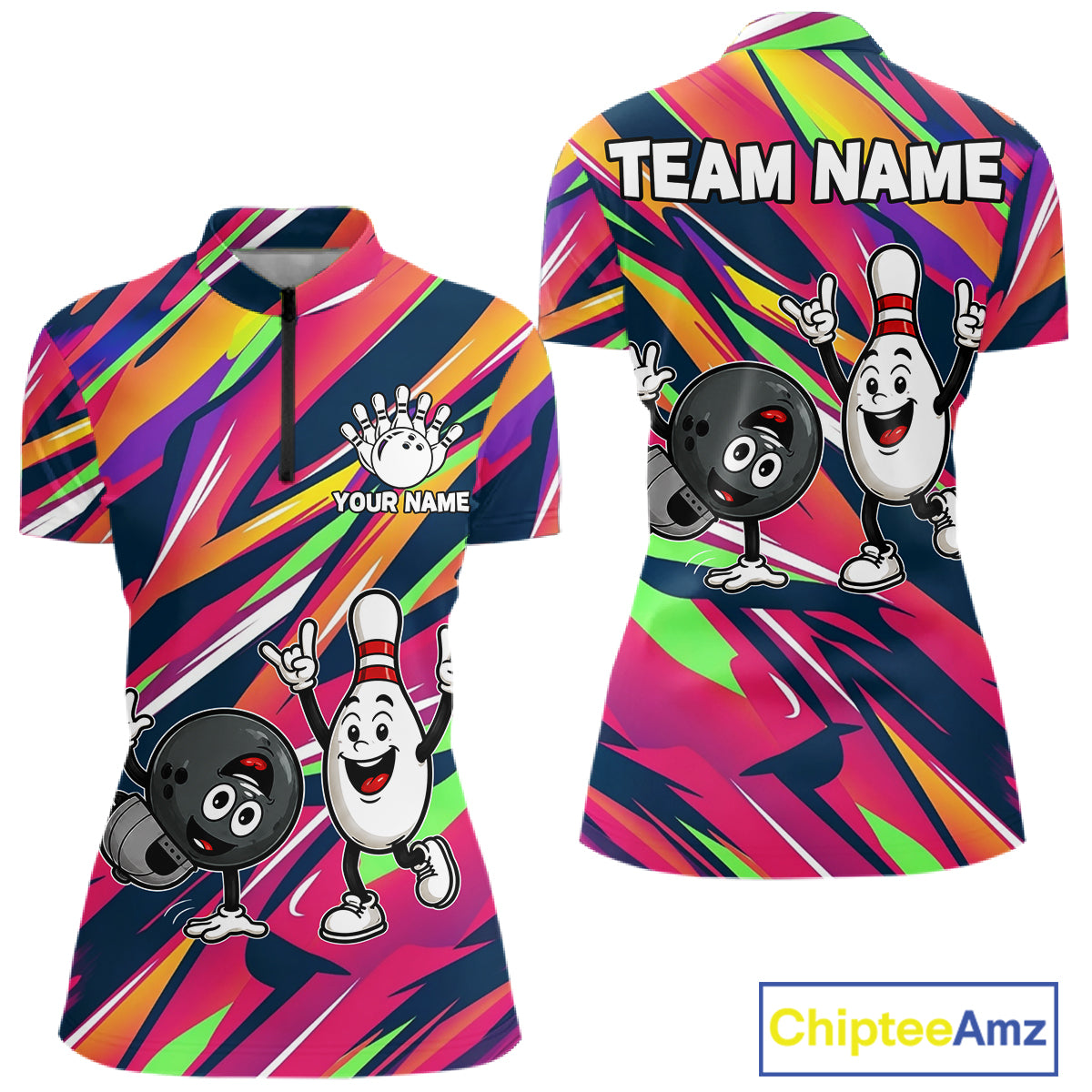 Hiphop Bowling Pins & Ball Strike Colorful Bowling Jersey For Women Custom Funny Bowling Team Shirts NYN4308
