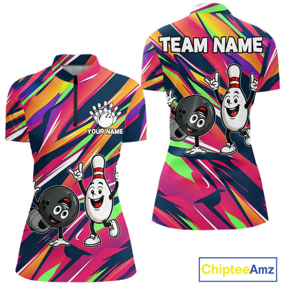 Hiphop Bowling Pins & Ball Strike Colorful Bowling Jersey For Women Custom Funny Bowling Team Shirts NYN4308
