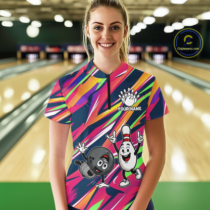 Hiphop Bowling Pins & Ball Strike Colorful Bowling Jersey For Women Custom Funny Bowling Team Shirts NYN4308