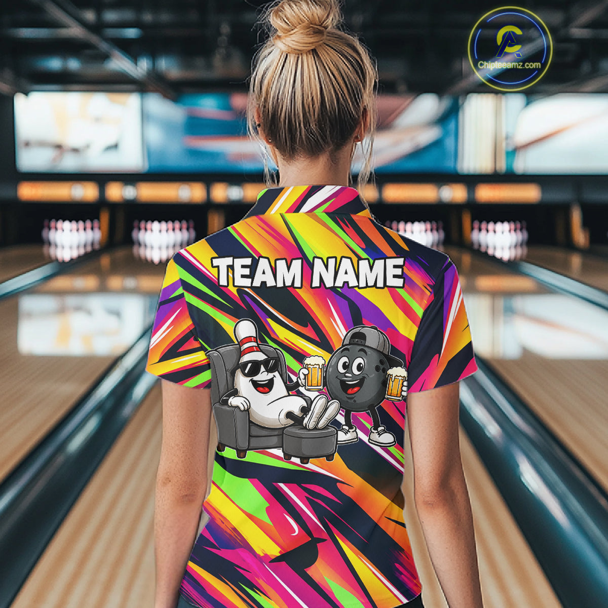 Chill Bowling Pins & Ball Strike Colorful Bowling Jersey For Women Custom Funny Drunk Bowling Team Shirts NYN4309