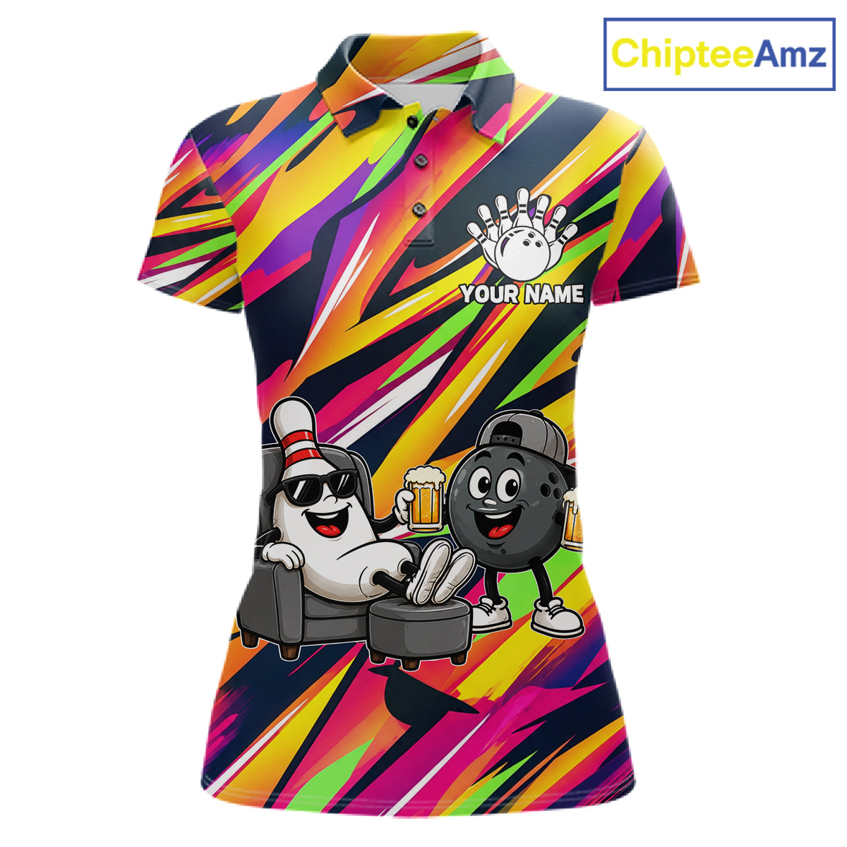 Chill Bowling Pins & Ball Strike Colorful Bowling Jersey For Women Custom Funny Drunk Bowling Team Shirts NYN4309