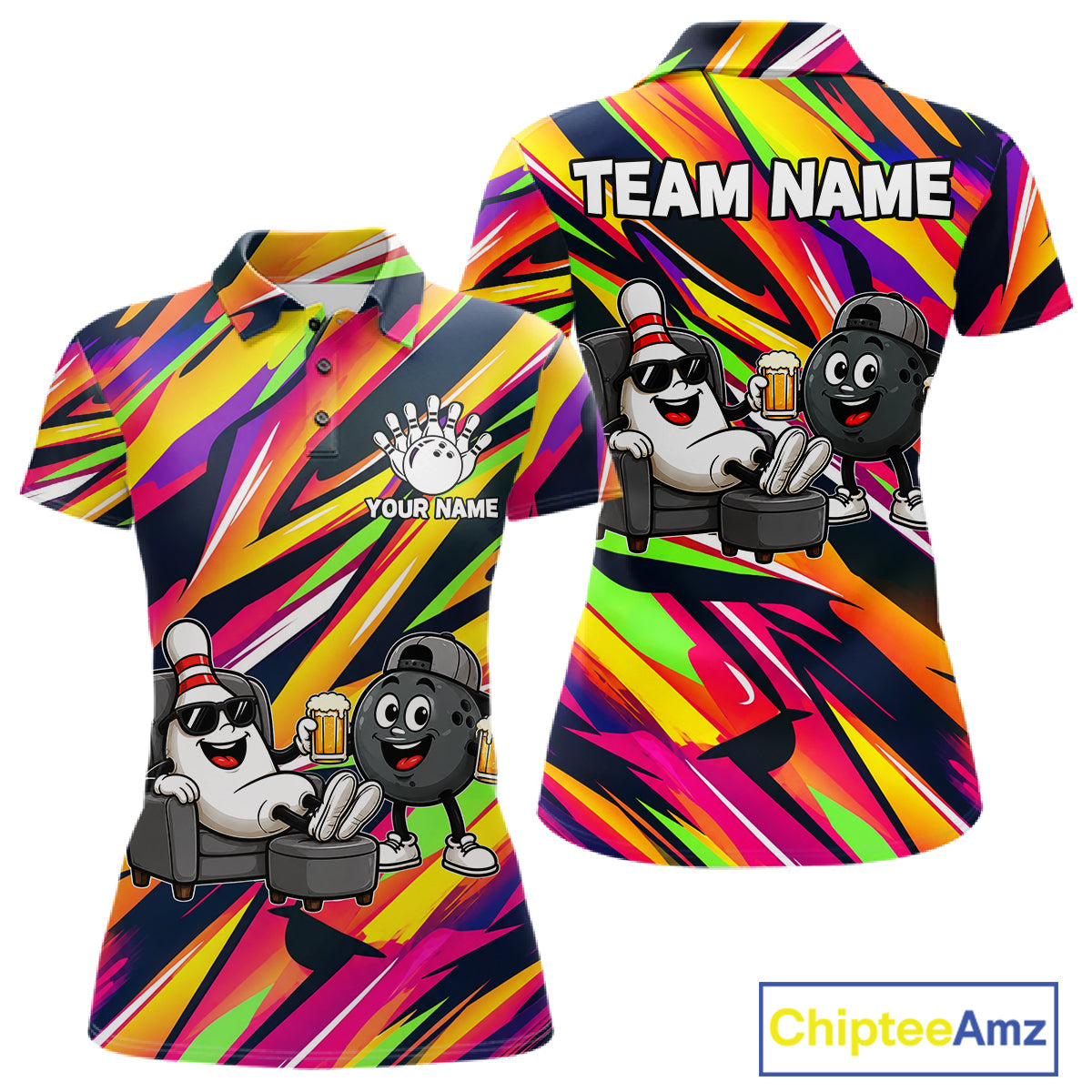Chill Bowling Pins & Ball Strike Colorful Bowling Jersey For Women Custom Funny Drunk Bowling Team Shirts NYN4309