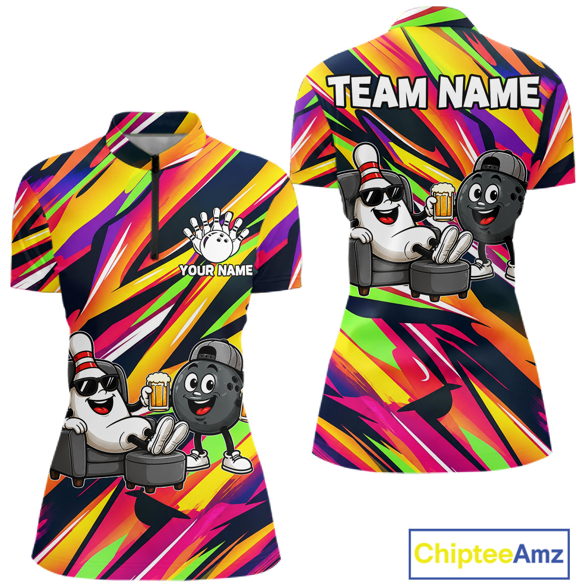 Chill Bowling Pins & Ball Strike Colorful Bowling Jersey For Women Custom Funny Drunk Bowling Team Shirts NYN4309