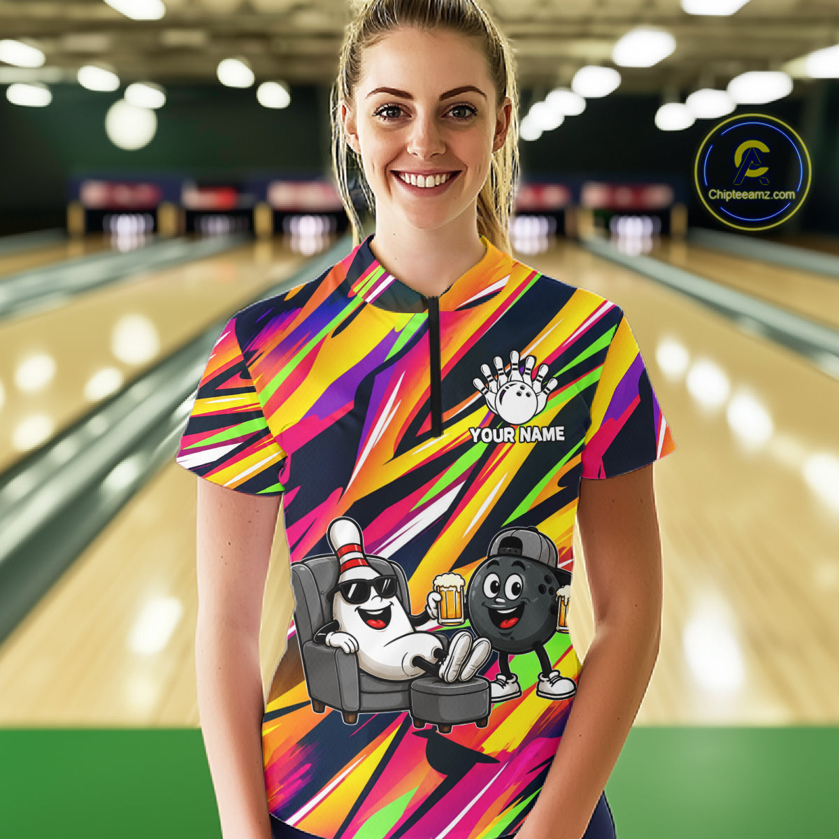 Chill Bowling Pins & Ball Strike Colorful Bowling Jersey For Women Custom Funny Drunk Bowling Team Shirts NYN4309