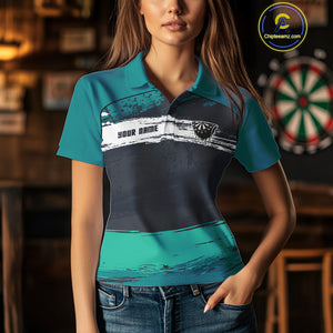 Custom Grunge Black And Turquoise Dripping Dartboard Dart Team Women Polo Shirt NYN1548