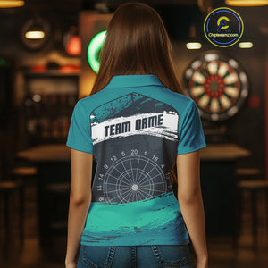 Custom Grunge Black And Turquoise Dripping Dartboard Dart Team Women Polo Shirt NYN1548