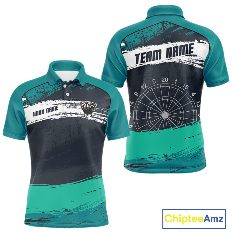 Custom Grunge Black And Turquoise Dripping Dartboard Dart Team Men Polo Shirt NYN1548