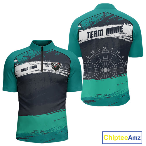 Custom Grunge Black And Turquoise Dripping Dartboard Dart Team Men Quarter-Zip Shirt NYN1548