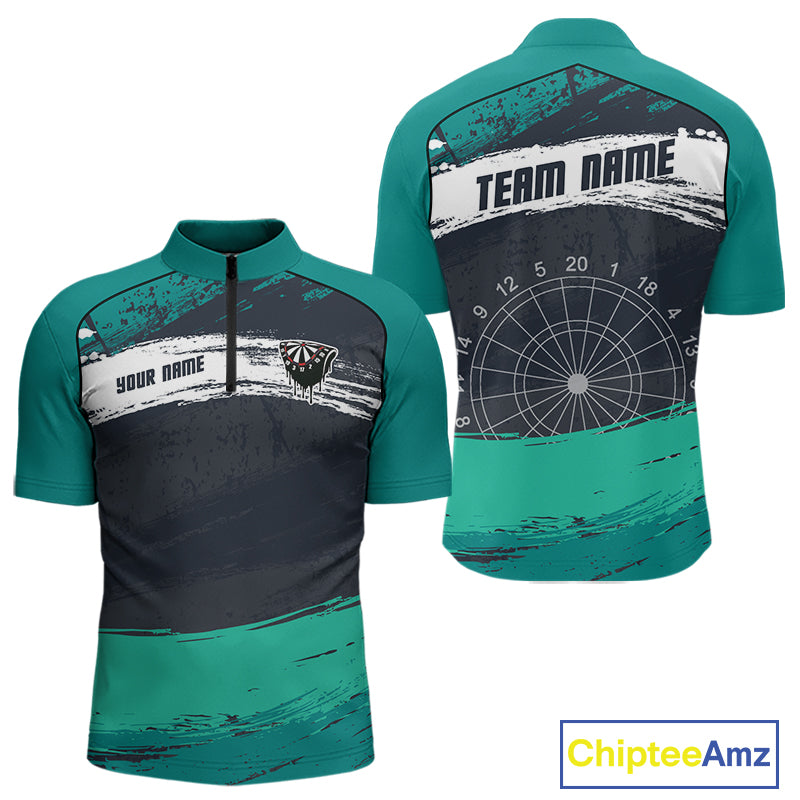 Custom Grunge Black And Turquoise Dripping Dartboard Dart Team Men Quarter-Zip Shirt NYN1548
