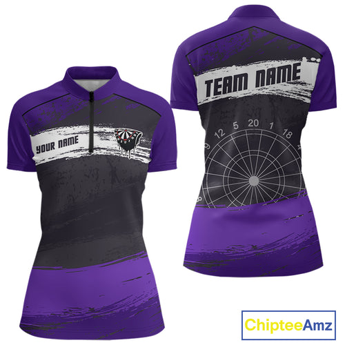 Custom Grunge Black And Purple Dripping Dartboard Dart Team Women Quarter-Zip Shirt NYN1549