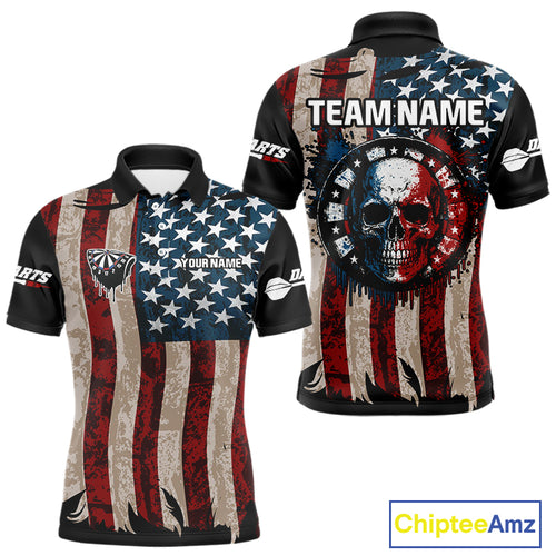 Colorful Skull Grunge Dartboard US Flag Dart Men Polo Shirt, Patriotic Dart Jerseys NYN1556
