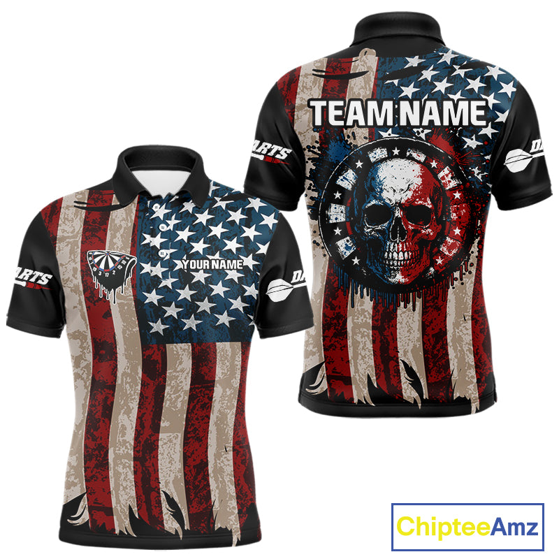 Colorful Skull Grunge Dartboard US Flag Dart Men Polo Shirt, Patriotic Dart Jerseys NYN1556