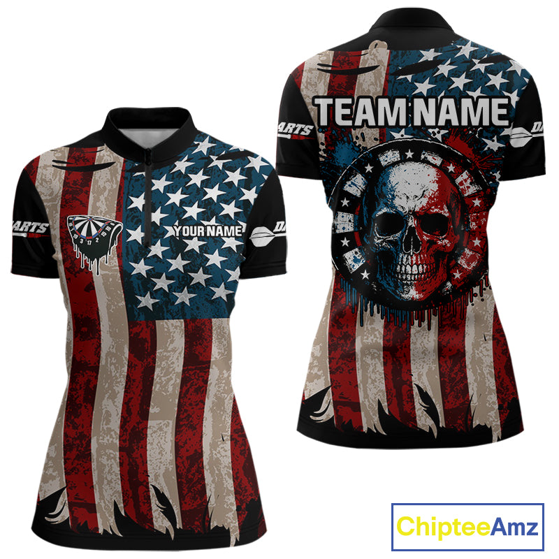 Colorful Skull Grunge Dartboard US Flag Dart Women Quarter-Zip Shirt, Patriotic Dart Jerseys NYN1556