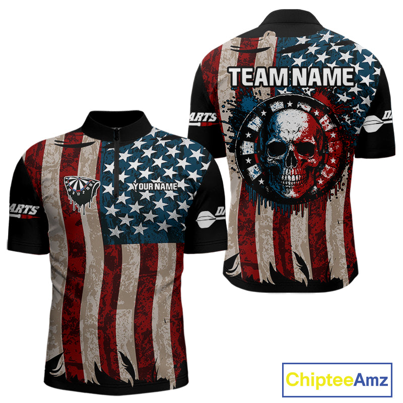 Colorful Skull Grunge Dartboard US Flag Dart Men Quarter-Zip Shirt, Patriotic Dart Jerseys NYN1556