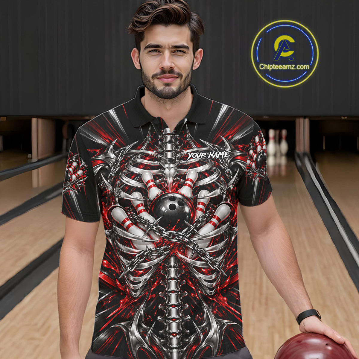 Red Skeleton Ribcage Men Bowling Polo 1/4-Zip Shirt Custom Chained Bowling Ball Bowling Team Jersey NYN5056