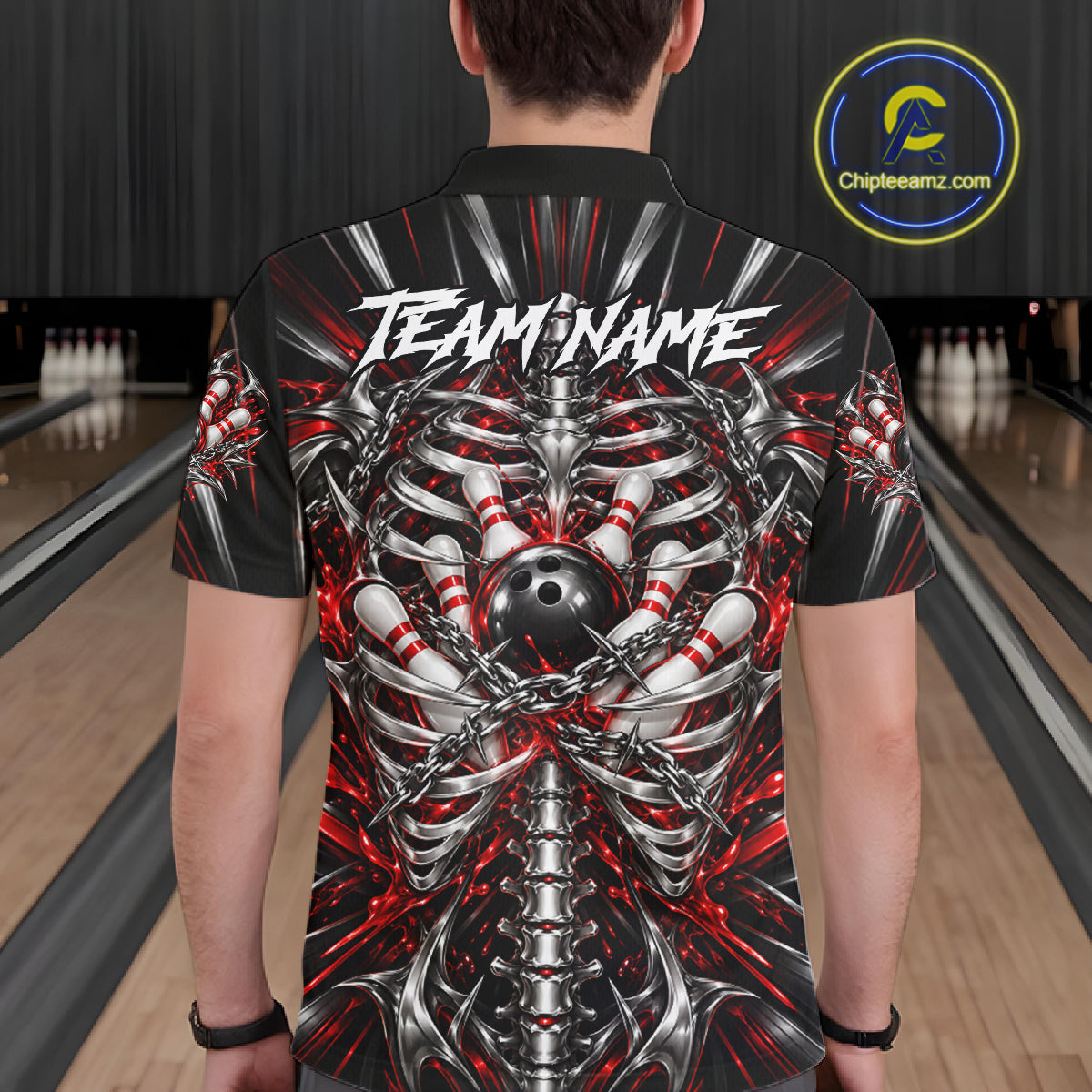 Red Skeleton Ribcage Men Bowling Polo 1/4-Zip Shirt Custom Chained Bowling Ball Bowling Team Jersey NYN5056