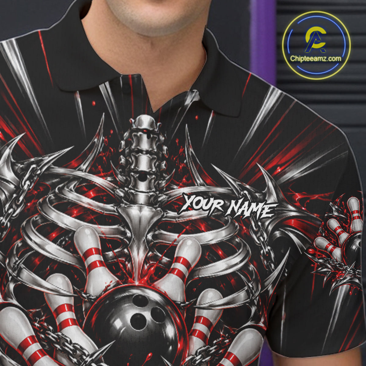 Red Skeleton Ribcage Men Bowling Polo 1/4-Zip Shirt Custom Chained Bowling Ball Bowling Team Jersey NYN5056