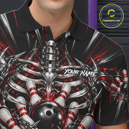 Red Skeleton Ribcage Men Bowling Polo 1/4-Zip Shirt Custom Chained Bowling Ball Bowling Team Jersey NYN5056