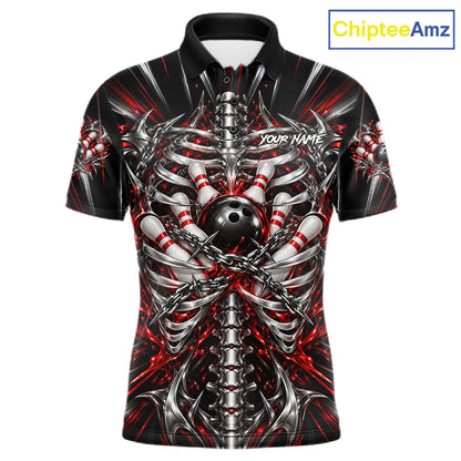 Red Skeleton Ribcage Men Bowling Polo 1/4-Zip Shirt Custom Chained Bowling Ball Bowling Team Jersey NYN5056