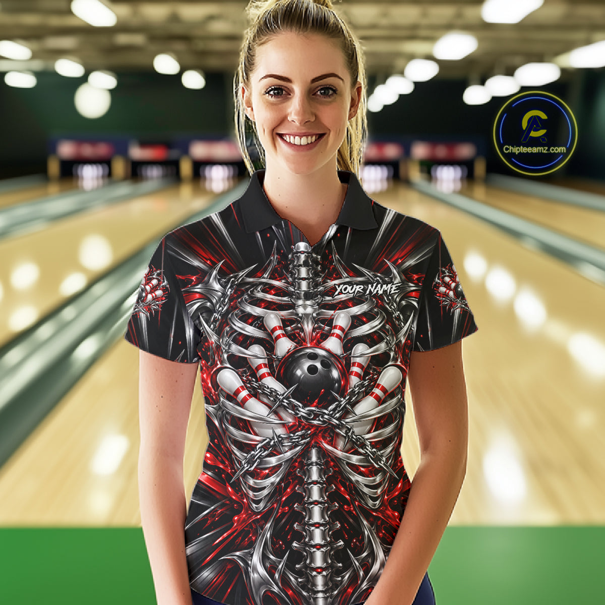 Red Skeleton Ribcage Women Bowling Polo 1/4-Zip Shirt Custom Chained Bowling Ball Bowling Team Jersey NYN5056