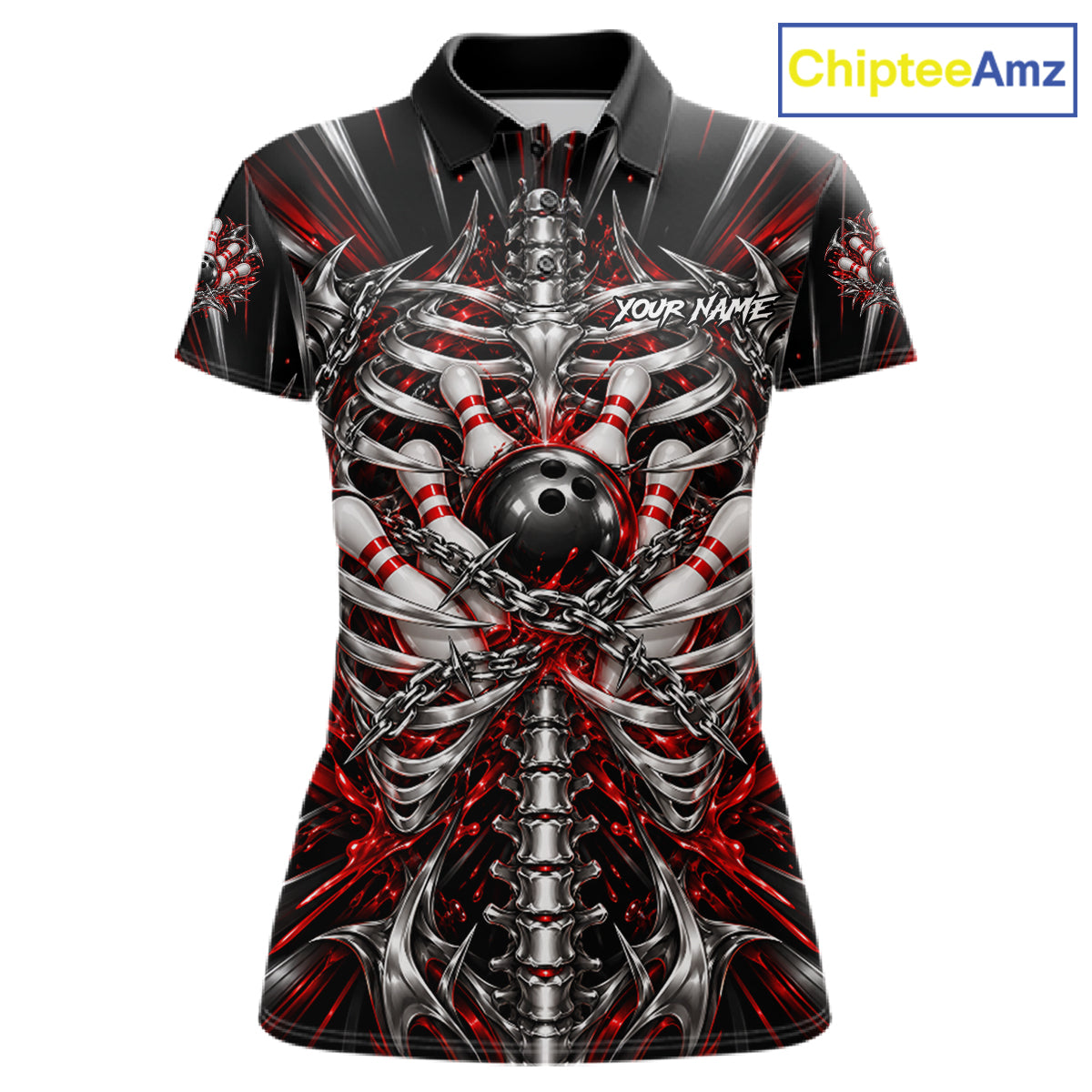 Red Skeleton Ribcage Women Bowling Polo 1/4-Zip Shirt Custom Chained Bowling Ball Bowling Team Jersey NYN5056