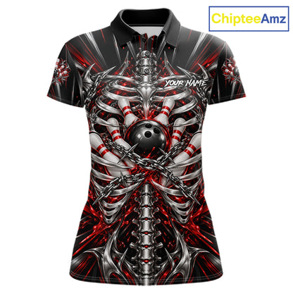 Red Skeleton Ribcage Women Bowling Polo 1/4-Zip Shirt Custom Chained Bowling Ball Bowling Team Jersey NYN5056