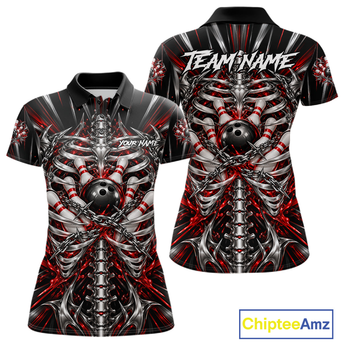 Red Skeleton Ribcage Women Bowling Polo 1/4-Zip Shirt Custom Chained Bowling Ball Bowling Team Jersey NYN5056