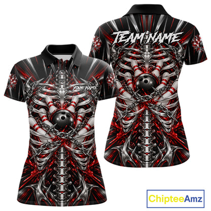 Red Skeleton Ribcage Women Bowling Polo 1/4-Zip Shirt Custom Chained Bowling Ball Bowling Team Jersey NYN5056