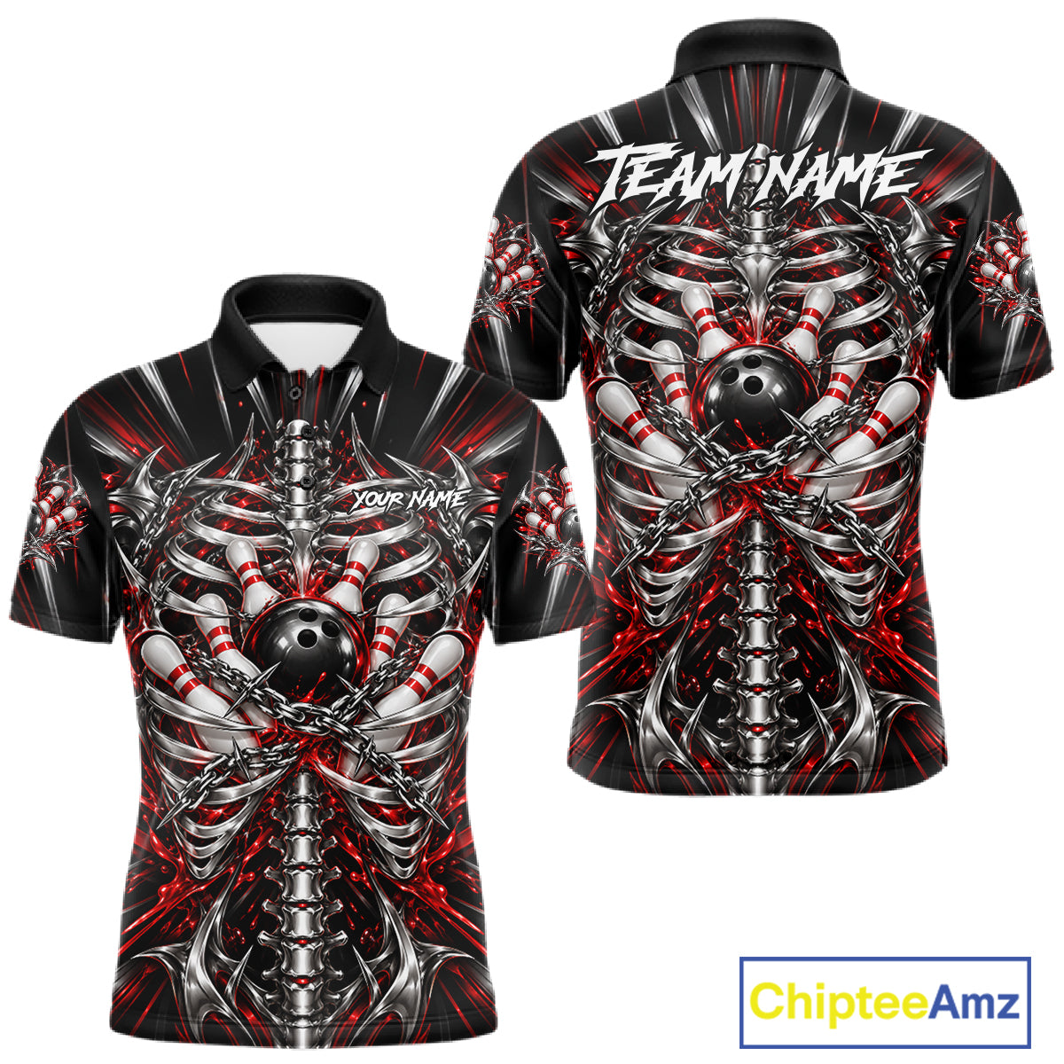 Red Skeleton Ribcage Men Bowling Polo 1/4-Zip Shirt Custom Chained Bowling Ball Bowling Team Jersey NYN5056