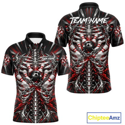 Red Skeleton Ribcage Men Bowling Polo 1/4-Zip Shirt Custom Chained Bowling Ball Bowling Team Jersey NYN5056