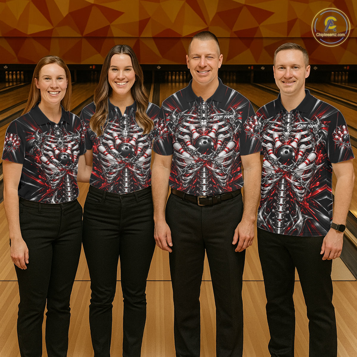 Red Skeleton Ribcage Men Bowling Polo 1/4-Zip Shirt Custom Chained Bowling Ball Bowling Team Jersey NYN5056