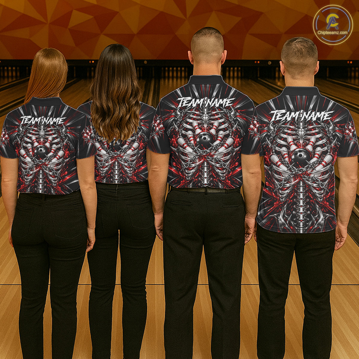 Red Skeleton Ribcage Men Bowling Polo 1/4-Zip Shirt Custom Chained Bowling Ball Bowling Team Jersey NYN5056