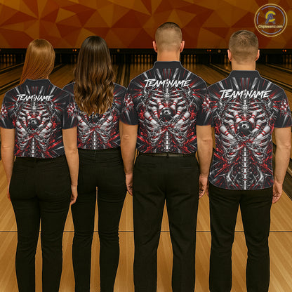 Red Skeleton Ribcage Men Bowling Polo 1/4-Zip Shirt Custom Chained Bowling Ball Bowling Team Jersey NYN5056