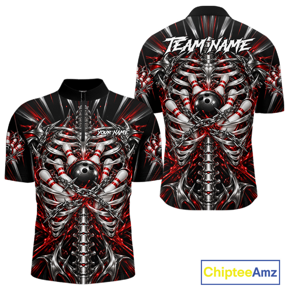 Red Skeleton Ribcage Men Bowling Polo 1/4-Zip Shirt Custom Chained Bowling Ball Bowling Team Jersey NYN5056