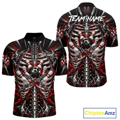Red Skeleton Ribcage Men Bowling Polo 1/4-Zip Shirt Custom Chained Bowling Ball Bowling Team Jersey NYN5056