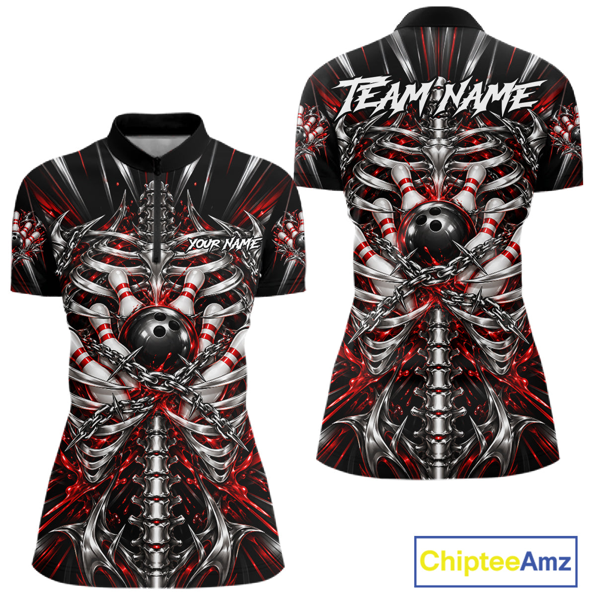 Red Skeleton Ribcage Women Bowling Polo 1/4-Zip Shirt Custom Chained Bowling Ball Bowling Team Jersey NYN5056