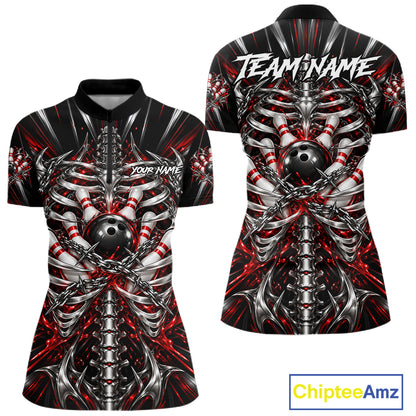 Red Skeleton Ribcage Women Bowling Polo 1/4-Zip Shirt Custom Chained Bowling Ball Bowling Team Jersey NYN5056