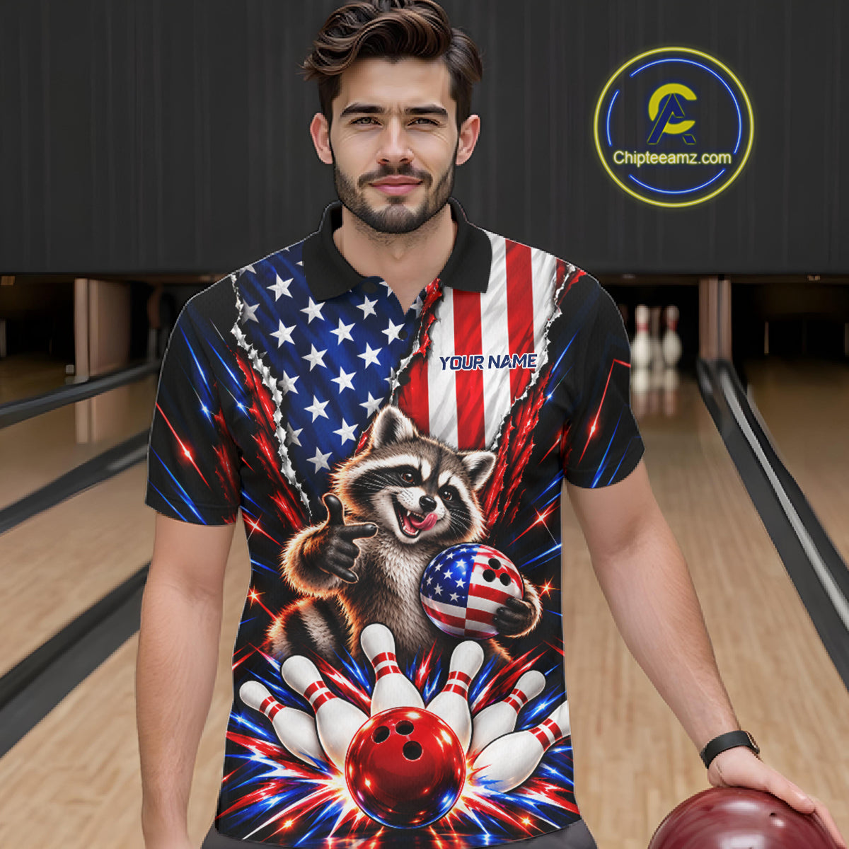 US Flag Patriotic Raccoon Men Bowling Polo 1/4-Zip Shirt Custom Funny Youth Bowling Team Jersey NYN5061