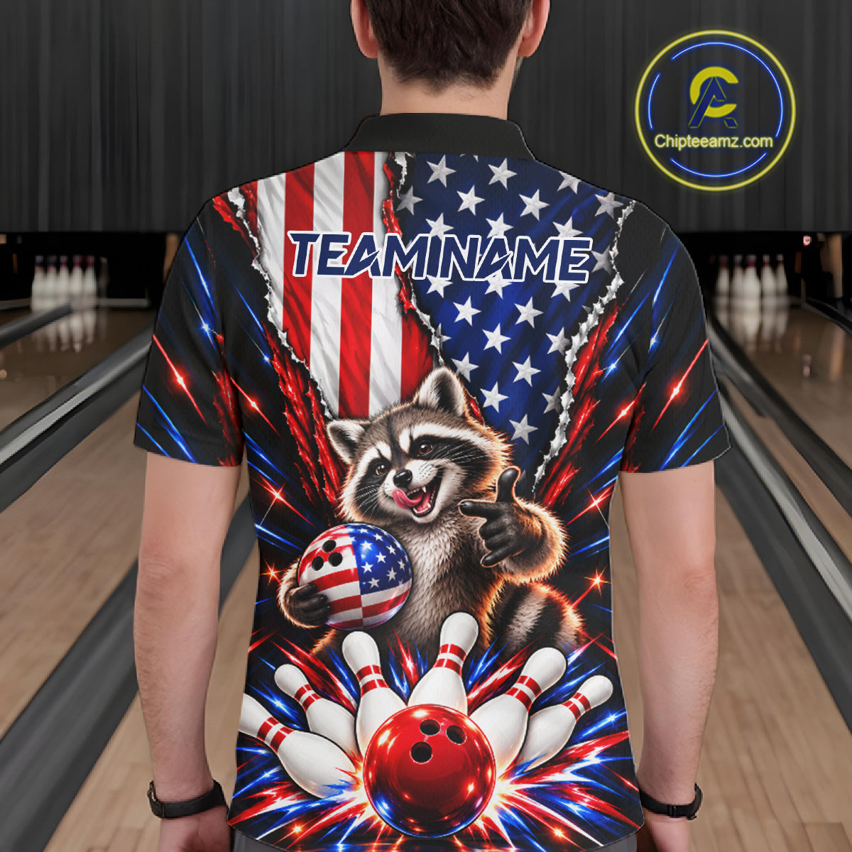 US Flag Patriotic Raccoon Men Bowling Polo 1/4-Zip Shirt Custom Funny Youth Bowling Team Jersey NYN5061