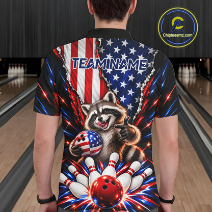 US Flag Patriotic Raccoon Men Bowling Polo 1/4-Zip Shirt Custom Funny Youth Bowling Team Jersey NYN5061
